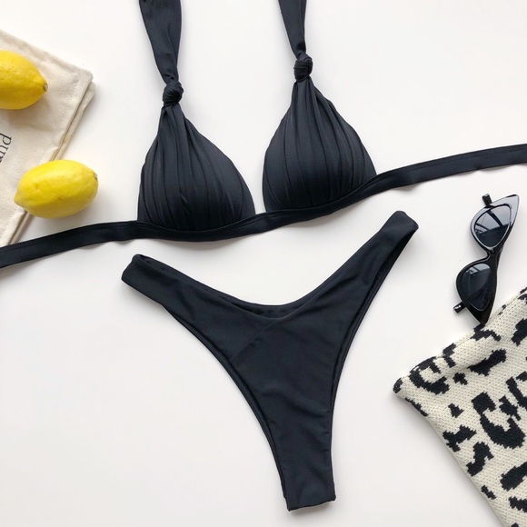 🆕Black Neck Tie Shell Top Bikini Set Bathing Suit - Picture 4 of 5